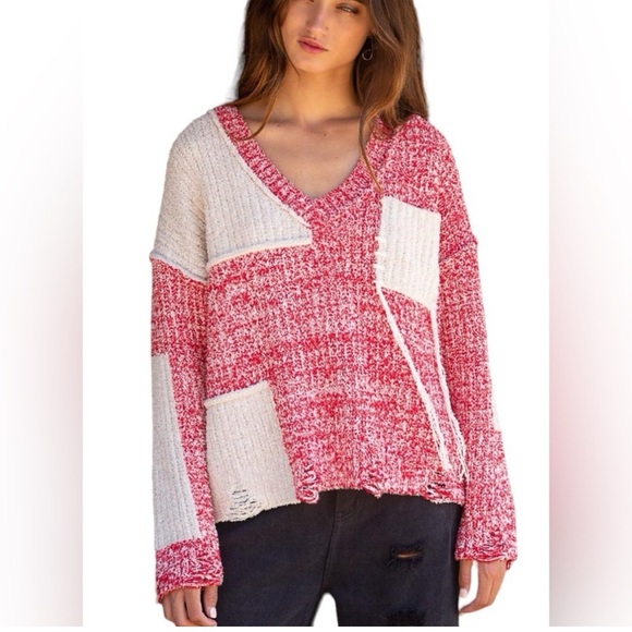 POL Sweaters - NWOT POL Camille V Neck Colorblock Distressed Oversized Sweater